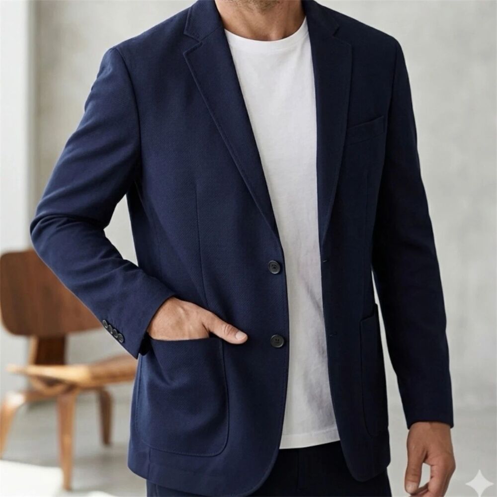 H&M Blazer Mens 42R Slim Fit Blue Textured Coat Jacket Stretch Preppy Career